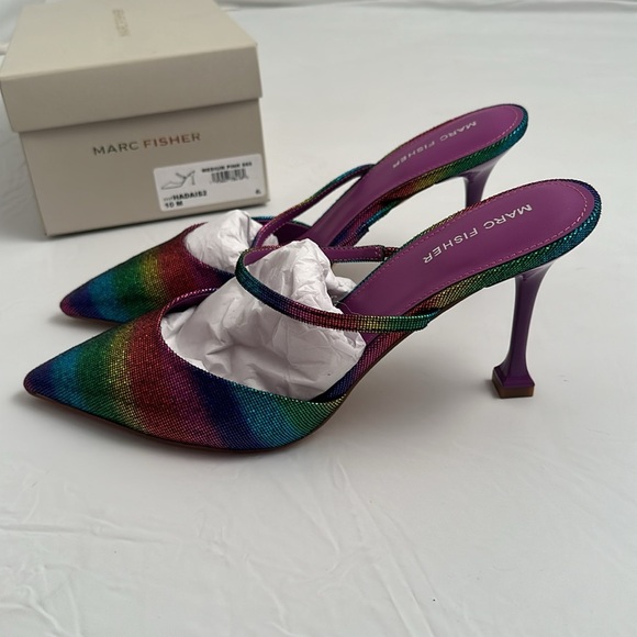 Marc Fisher Hadais 2 multicolor glitzy metallic rainbow mule heels - Picture 5 of 10